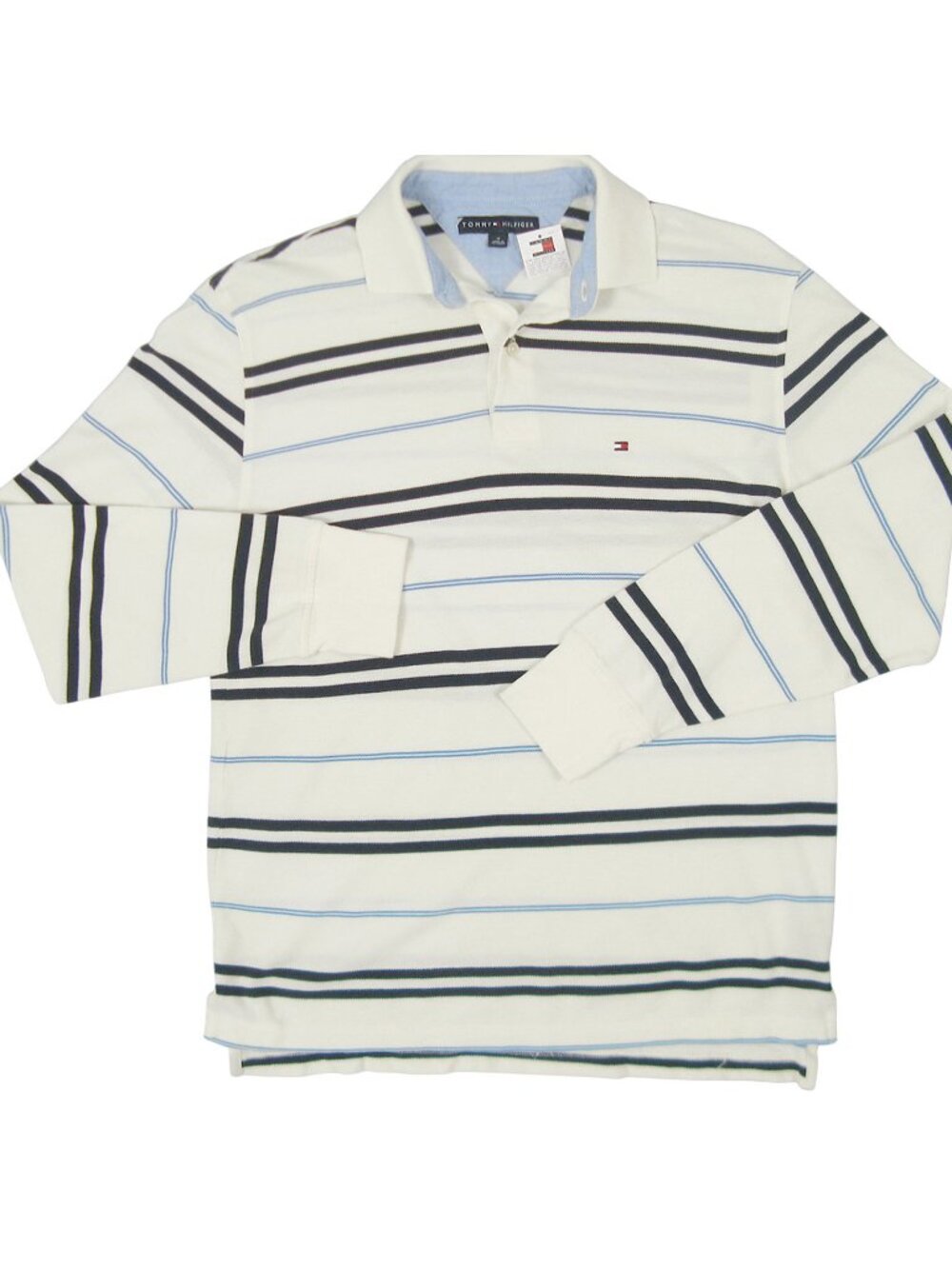 NEW Vintage Tommy Hilfiger Long Sleeve Polo Shirt! Creme Blue Stripes Tommy Flag